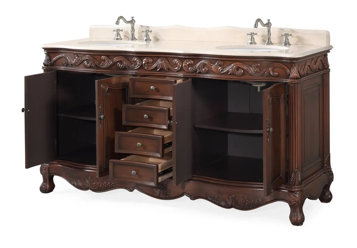 64" Traditional Style Brown Double Sink Beckham Bathroom Vanity -  CF-3882M-TK-64