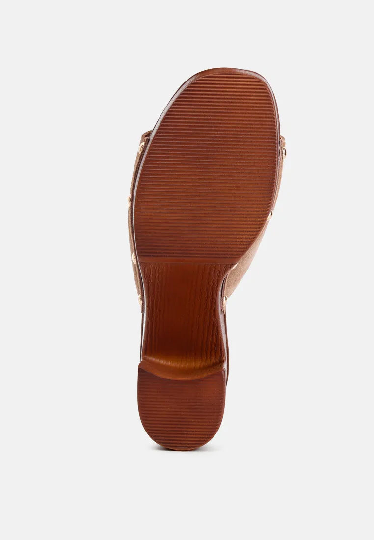 Cartera Suede High Block Heel Clogs In Tan