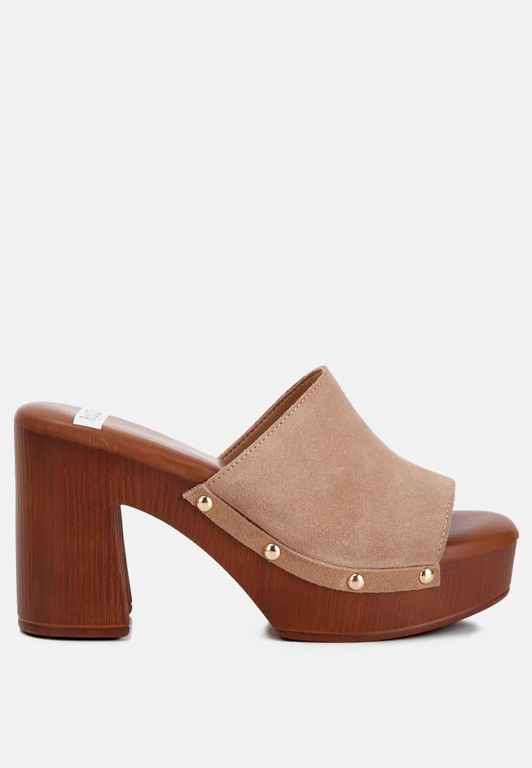 Cartera Suede High Block Heel Clogs In Tan