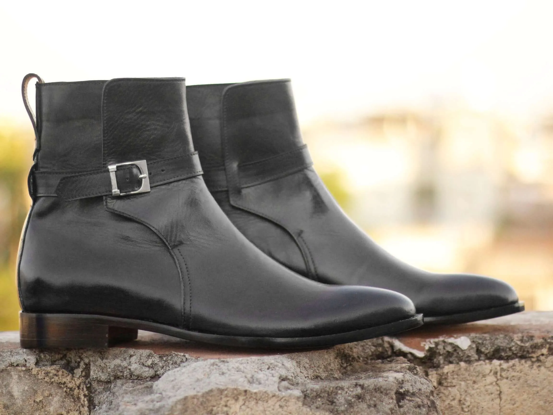 Handmade Black Jodhpurs Leather Ankle High Buckle Up Boots