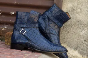 Men's Blue Alligator Leather shoes, Jodhpurs Buckle Boots Ankle Boots Men's Blue Alligator Leather shoes, Jodhpurs Buckle Boots Ankle Boots