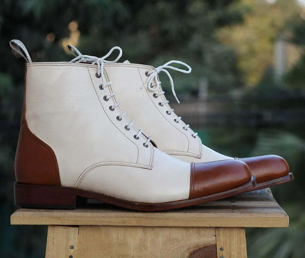 Men's Cream Brown Cap Toe Ankle Boots