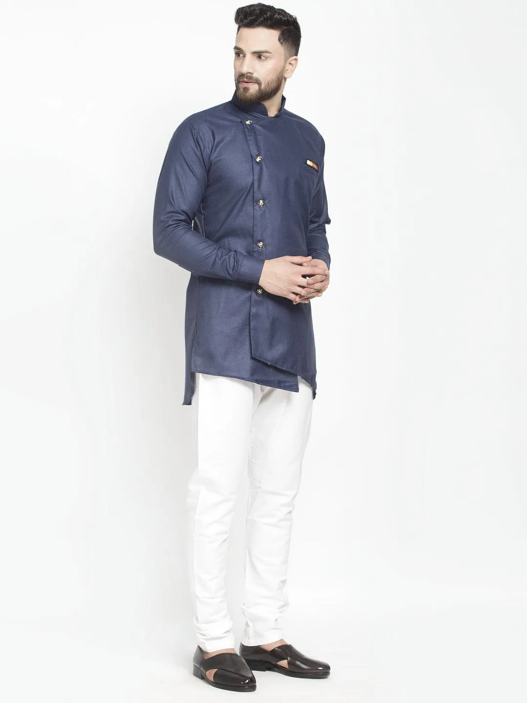 Men's Navy Blue Solid Short Kurta With White Pyjama - Benstoke