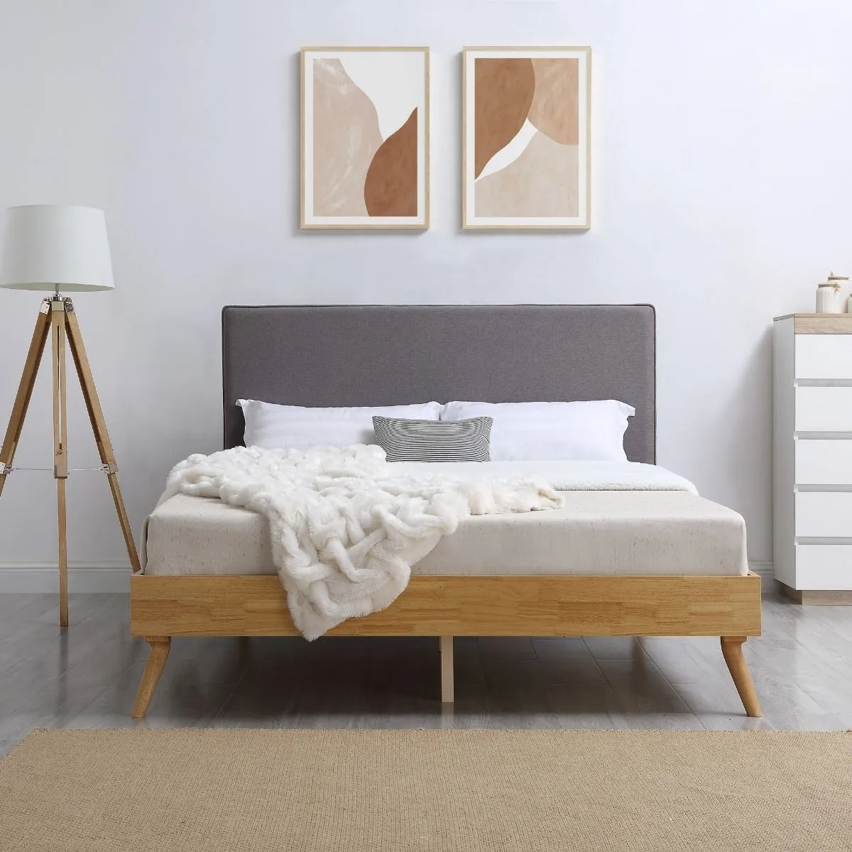 Natural Oak Double Bed Frame With Fabric Headboard - Oak & Grey