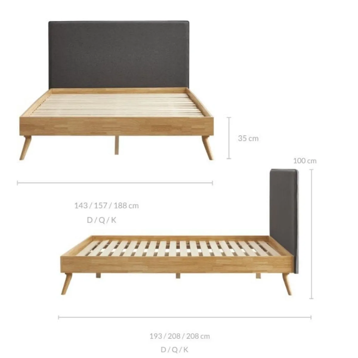 Natural Oak Double Bed Frame With Fabric Headboard - Oak & Grey